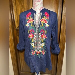 Johnny Was similar style Navy Blue Embroidered Long Sleeve Top size S
